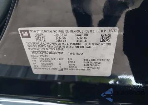 2017 Chevrolet Silverado 1500 from USA, damaged, VIN 3GCUKTEC2HG356991